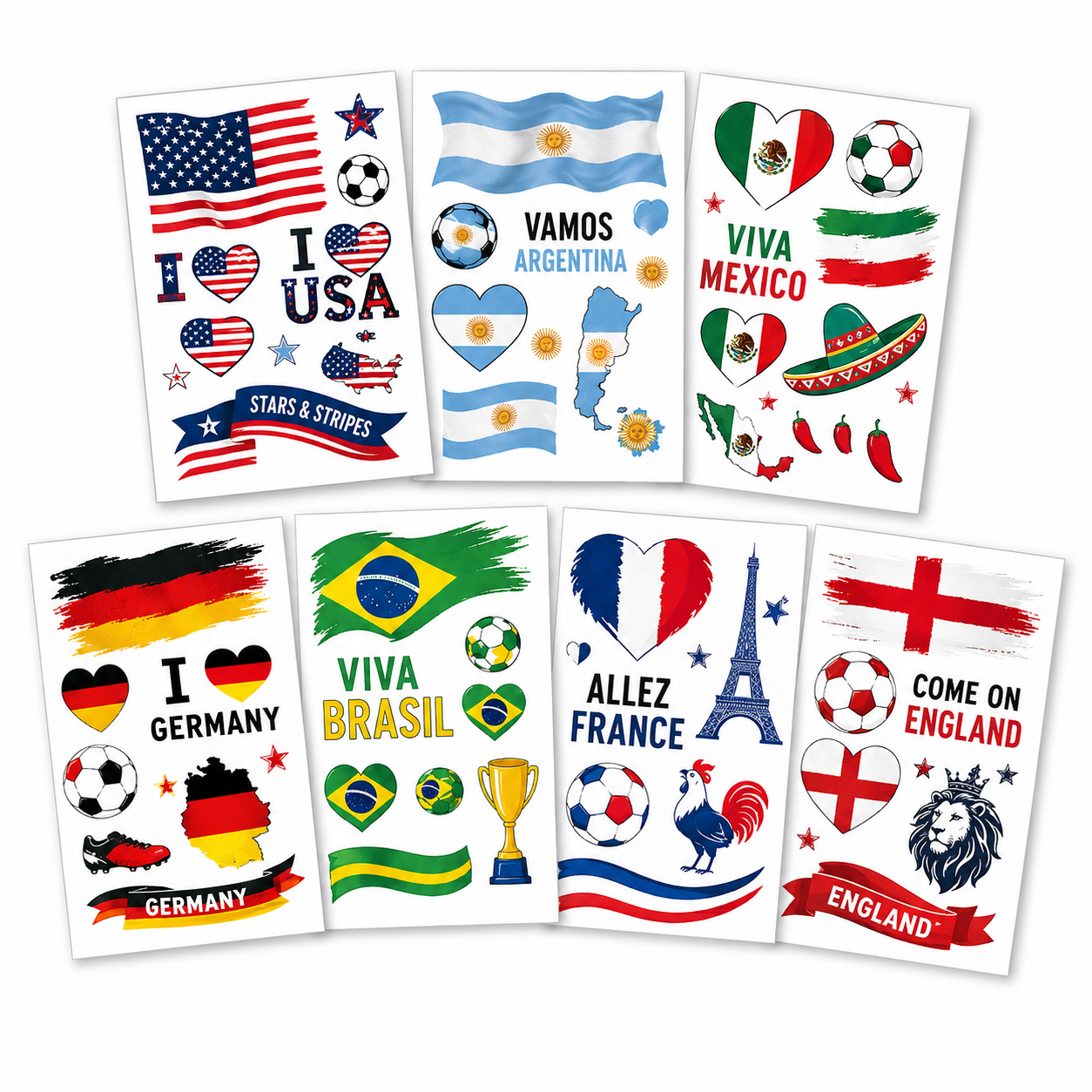 Soccer Face Tattoos – 20 Sheets Temporary Country Team Fan Stickers, Skin-Friendly Waterproof Football Face & Body Tattoos for Game Day, Watch Parties, World Cup Events, Custom Design Available — Wholesale World Cup 2026 Merchandise & Stadium Gear (image 1 of 7)