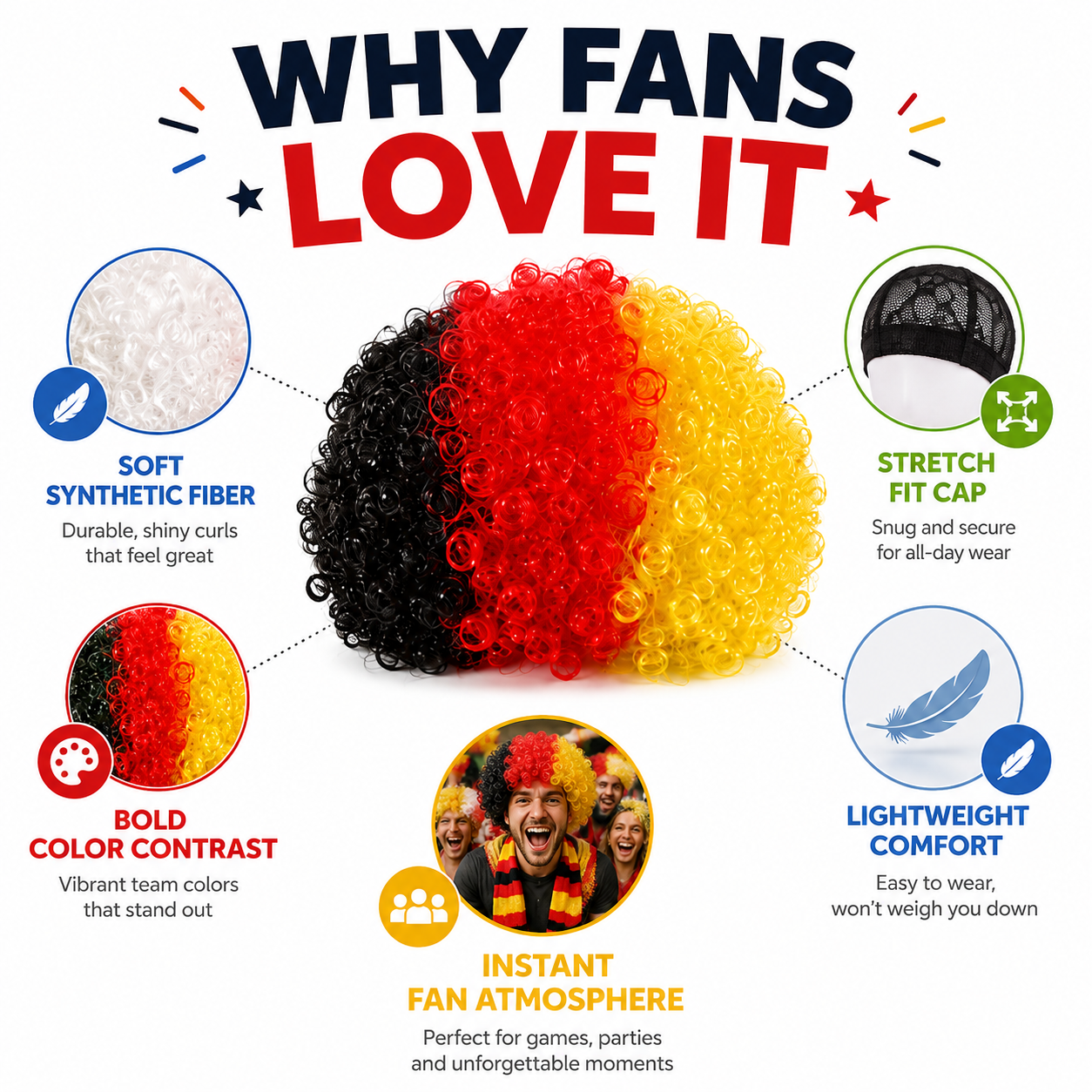 National Team Color Curly Afro Wig, Soccer Fan Party Wig, Lightweight Stretch Cap Costume Wig for World Cup, Stadium Games, Watch Parties, Parades & Patriotic Celebrations — Wholesale World Cup 2026 Merchandise & Stadium Gear (image 1 of 7)