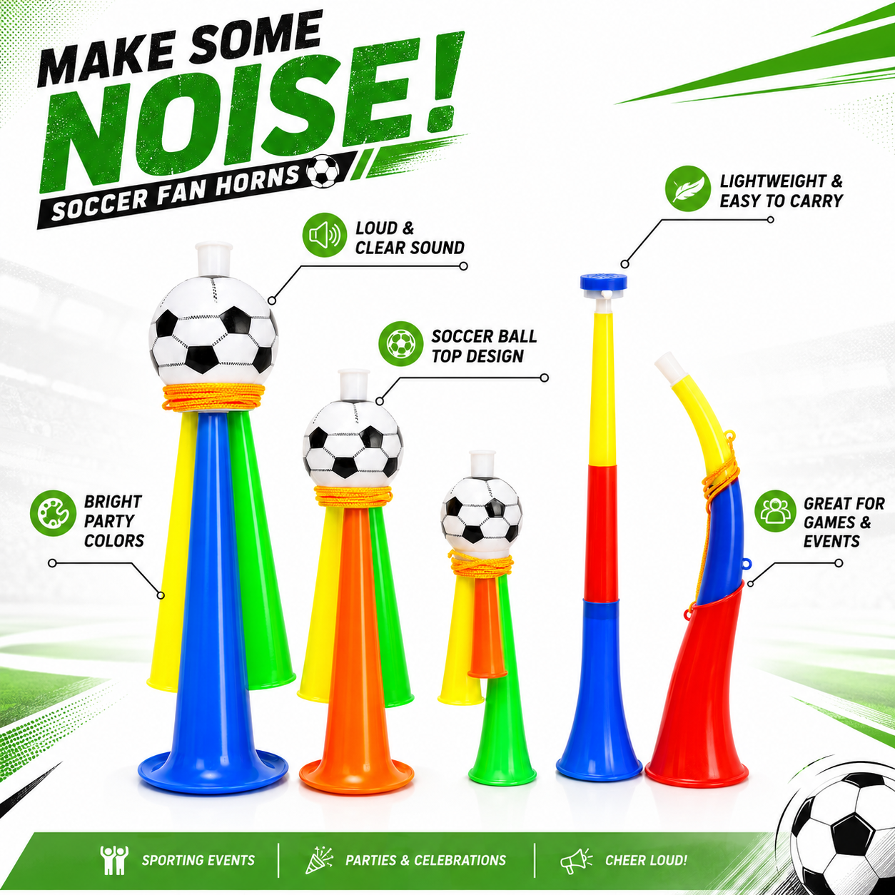 Soccer Fan Horn Noisemakers, Loud Cheer Horns for Sports Games, Football Party Noise Makers, Colorful Plastic Stadium Horns with Soccer Ball Top, Game Day Cheer Props for Fans, Parties and Events — Wholesale World Cup 2026 Merchandise & Stadium Gear (image 1 of 6)