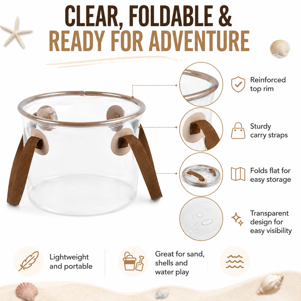 Collapsible Clear Beach Bucket for Kids, Portable Folding Water Pail with Handles, Transparent PVC Sand & Seashell Collection Bucket for Beach, Camping, Tide Pooling, Family Outdoor Play — Wholesale World Cup 2026 Merchandise & Stadium Gear (image 1 of 6)