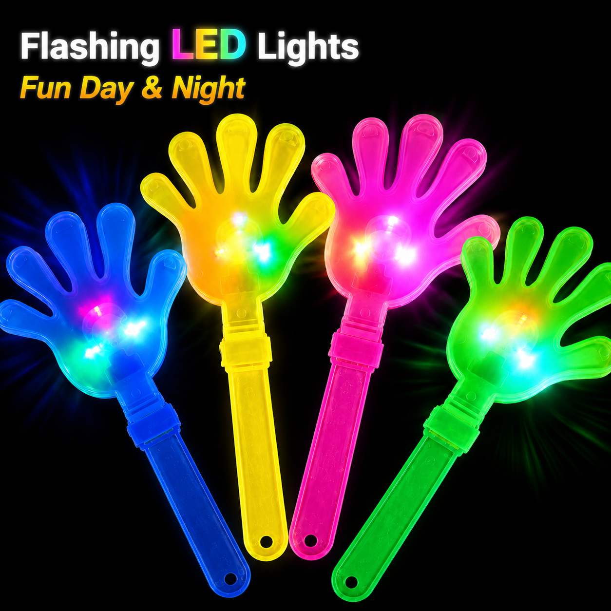 LED Light Up Hand Clappers, 4 Pack Assorted Color Team Cheer Noisemakers, Flashing Hand Clapper Toys for Sports Games, Concerts, Parties, School Events, Stadium Fans and Pep Rallies — Wholesale World Cup 2026 Merchandise & Stadium Gear (image 1 of 6)